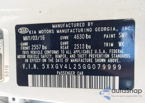 2016 Kia Optima Sxl Turbo z USA, uszkodzony, nr VIN 5XXGV4L25GG079999